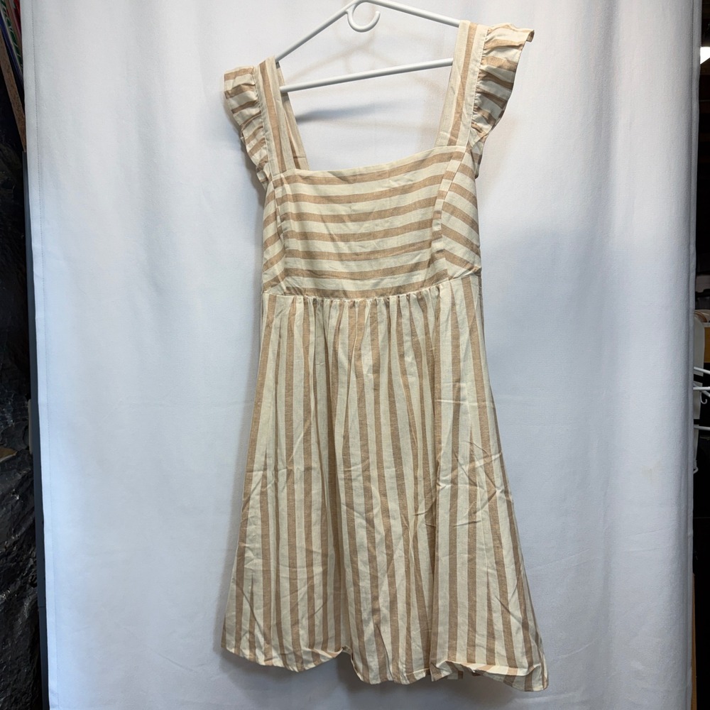 Draper James Maddie Babydoll Dress Women 3X Camel Stripe Linen Blend Ruffle NEW‎